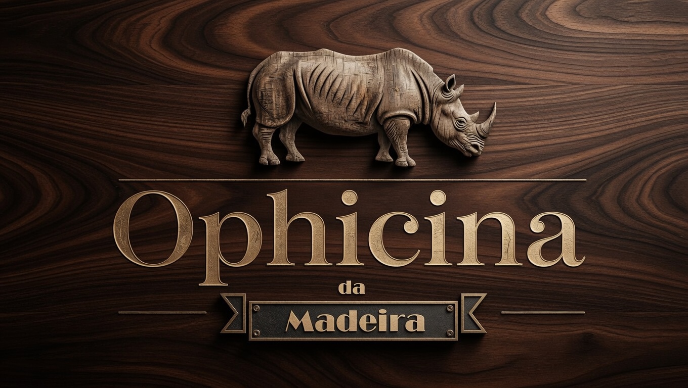 Ophicina da Madeira — logo com rinoceronte esculpido em madeira